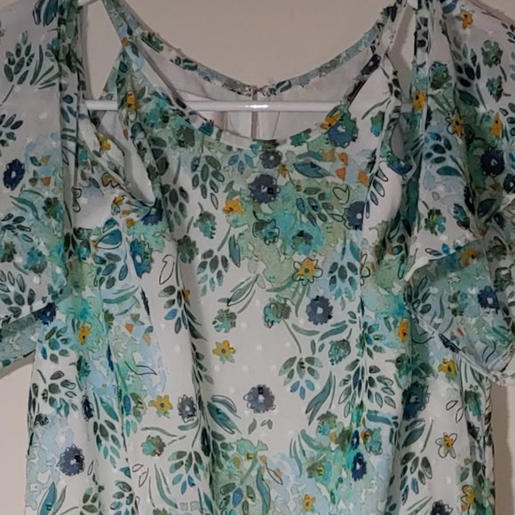 Donna Morgan Cold Shoulder Ruffle Maxi Dress Size 10 Floral Print White Green - Picture 8 of 8
